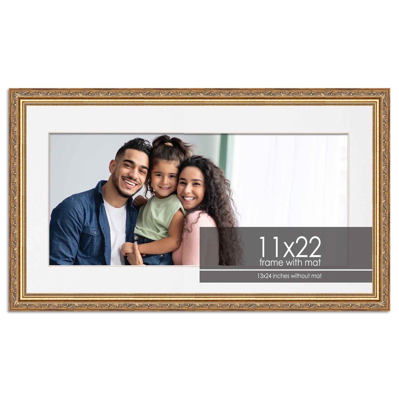 Antique Gold Frame with White Photo Mat, UV Acrylic Front, Foam Board Backing, 60 Sizes Available